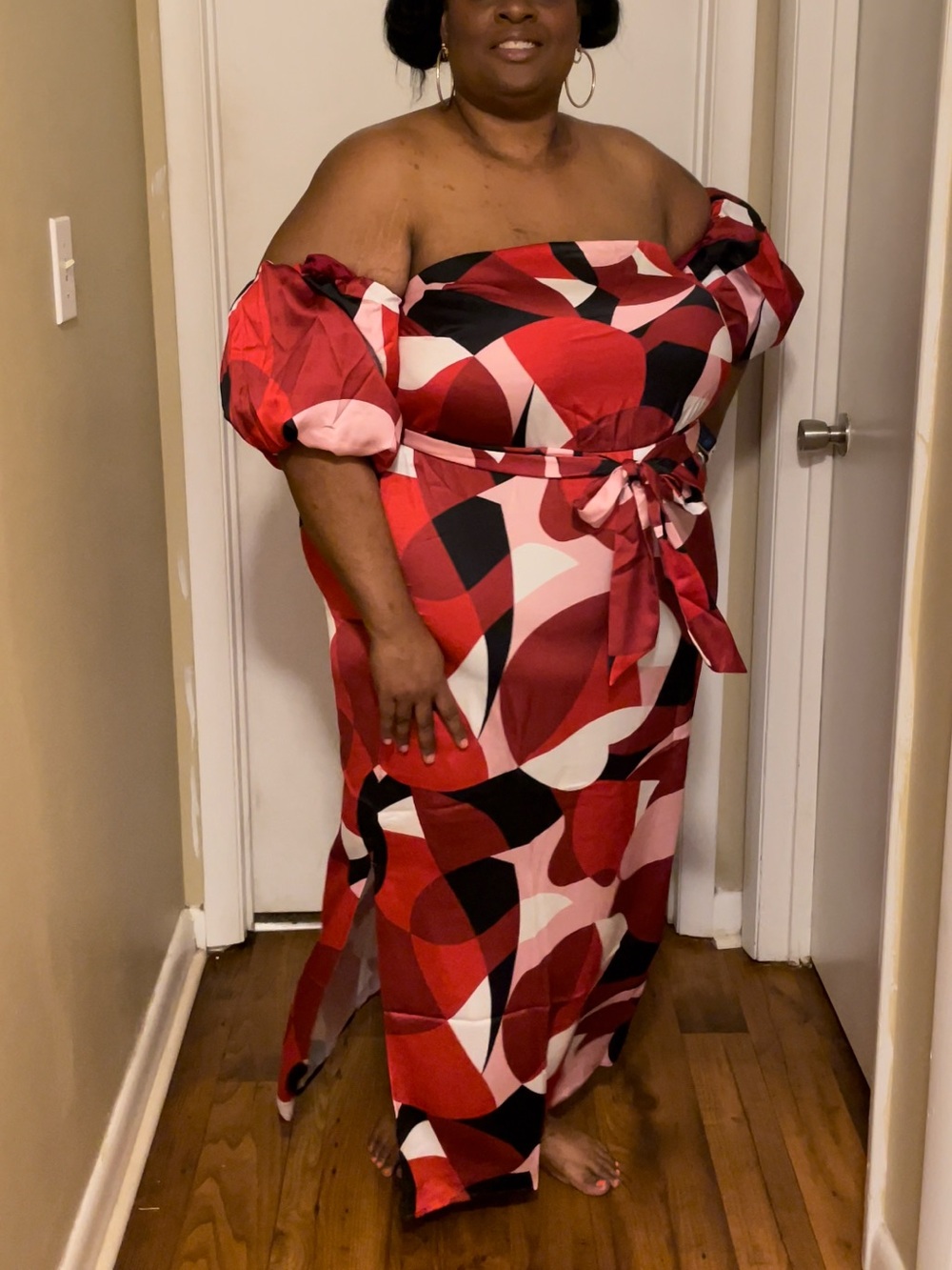 Eloquii Red & Black Geometric Off-Shoulder Maxi Dress with Tie Waist